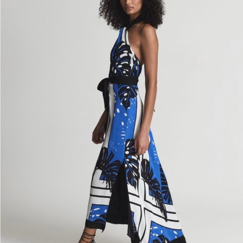 Reiss Blue and Black Patterned Backless Dress
